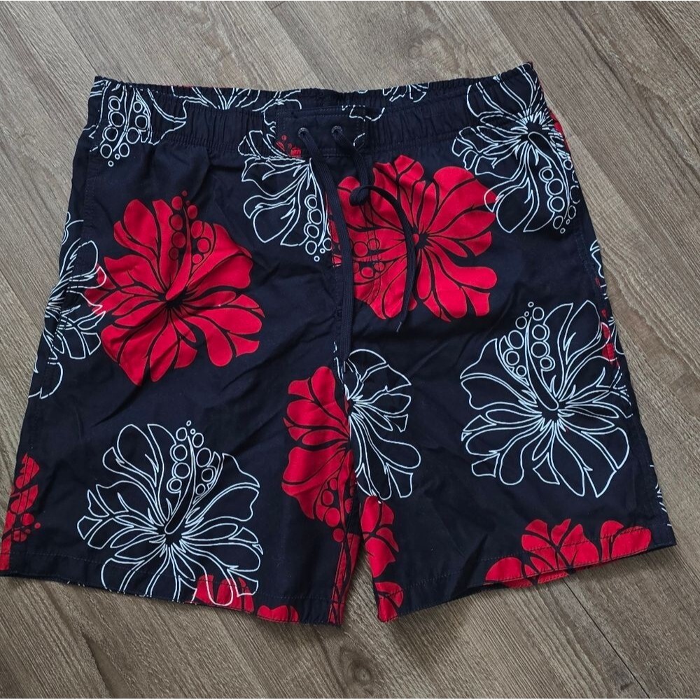 Merona men's Hawaiian floral print, red & black swim trunks size medium